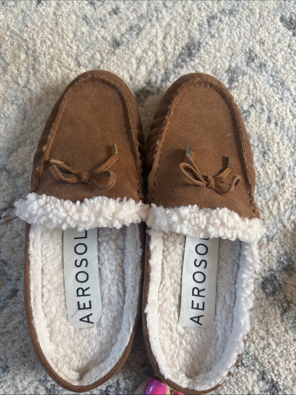 AEROSOLES Chestnut Brown Suede Sherpa Moccasins
